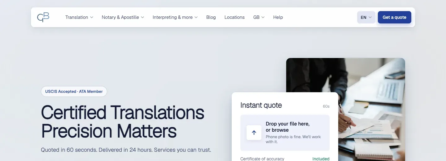 O topo da home de gbtranslations.com